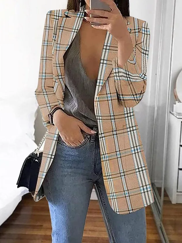 Shawl Collar Casual Plaid Polyester Cotton Blazer