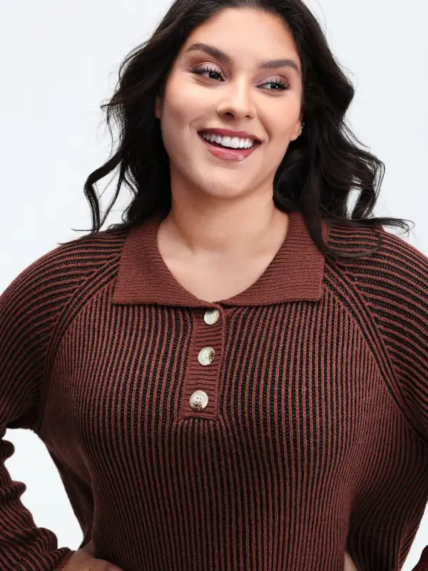 Polo Collar Color Contrast Textured Pullover