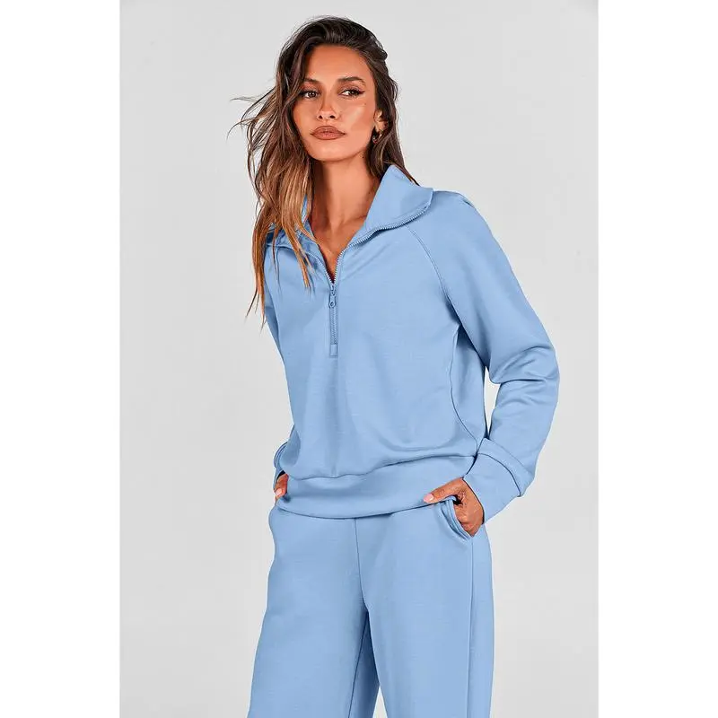 Women'swear Chic 2-Piece Set Outfits Half Zip Style Sweatshirts And Wide Leg Pants With Drawstring